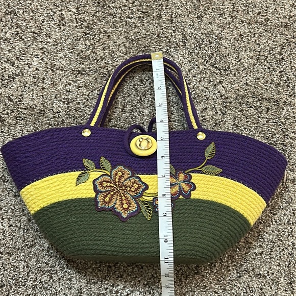 Unique Woven Rope Jute Bucket Floral Embroidered Purple and Green Handbag - Picture 11 of 16